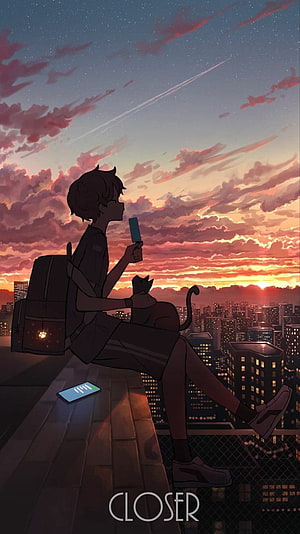 Anime Boy Sitting on Rooftop with Cat at Sunset Over City Skyline HD phone wallpaper
