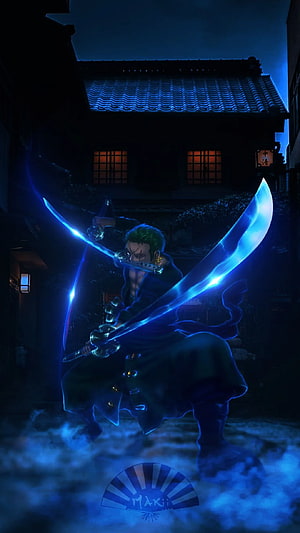 Roronoa Zoro Wielding Three Glowing Swords in a Dark Japanese Alley HD phone wallpaper