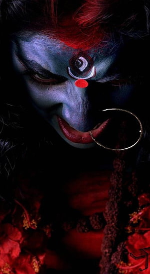 Goddess Kali Portrait with Blue Skin and Red Hair in Dark Artistic Style HD phone wallpaper