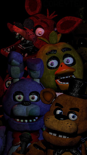 Five Nights at Freddy's animatronic characters in dark horror setting HD phone wallpaper