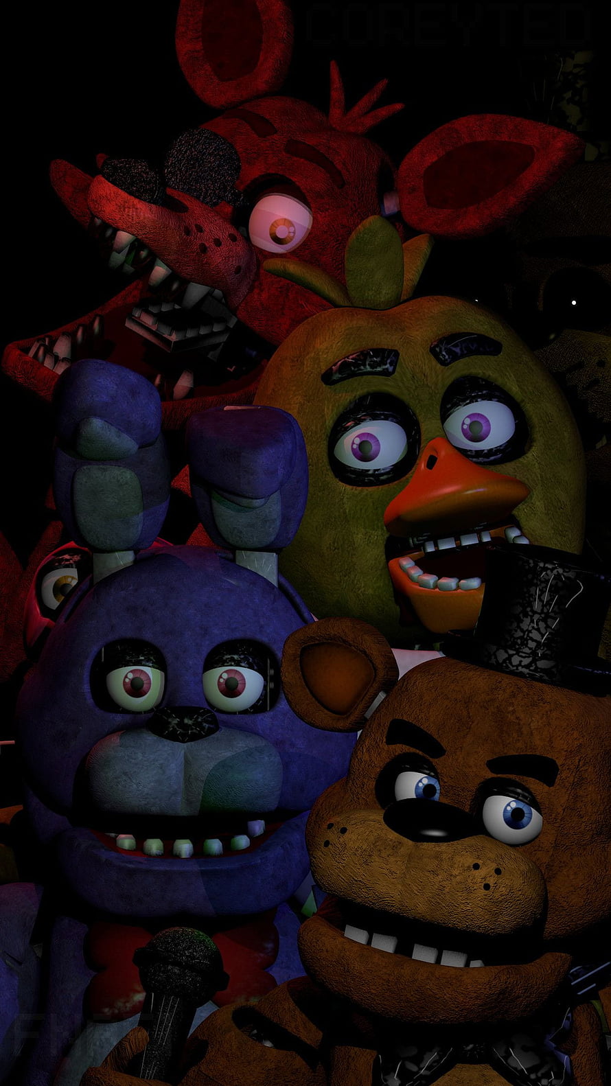 Five Nights at Freddy's animatronic characters in dark horror setting HD phone wallpaper