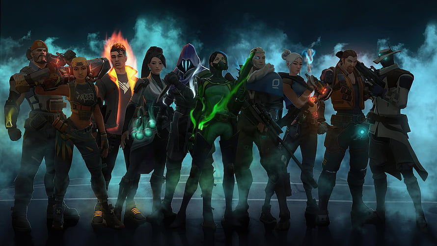 Valorant Agent Roster Lineup in Dramatic Fog and Neon Lighting HD wallpaper