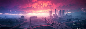GTA V Los Santos Cityscape at Dusk with Highway Interchange and Dramatic Pink Sky HD wallpaper