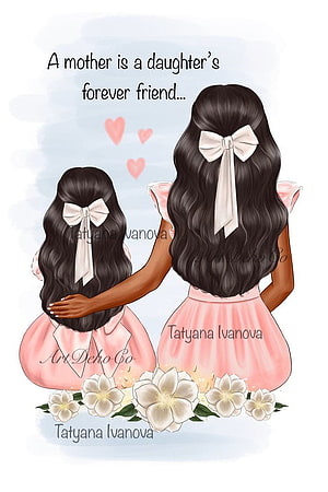 Mother and Daughter Back View Illustration with White Bows and Flowers HD phone wallpaper