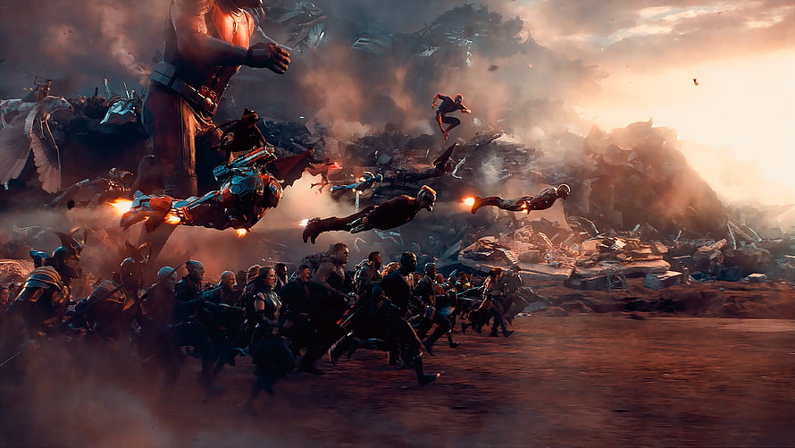 Avengers Endgame Final Battle Cinematic Concept Art with Flying Heroes and Ground Troops HD wallpaper