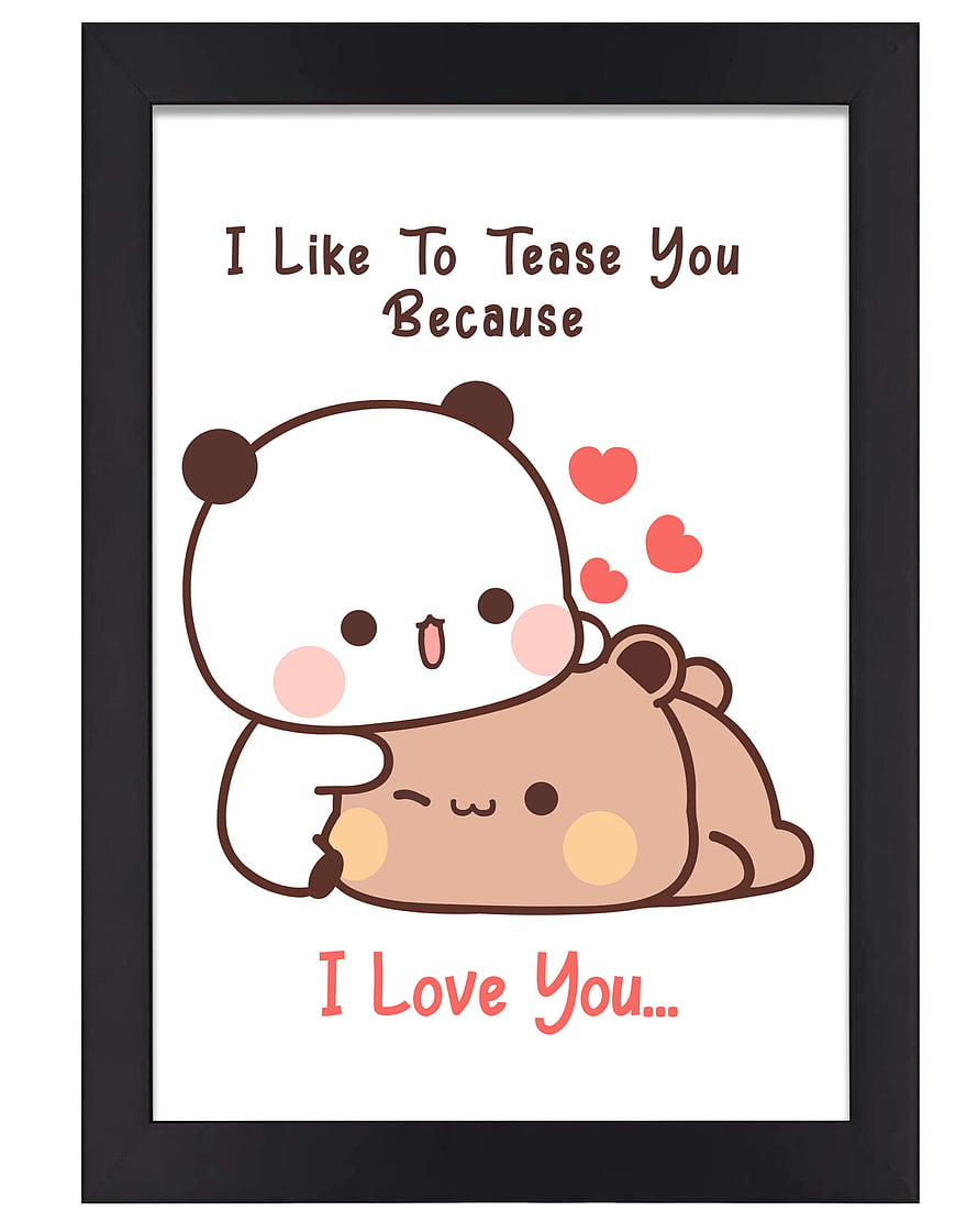 Cute Kawaii Panda and Bear Hugging with Sweet Love Quote in Black Frame HD phone wallpaper