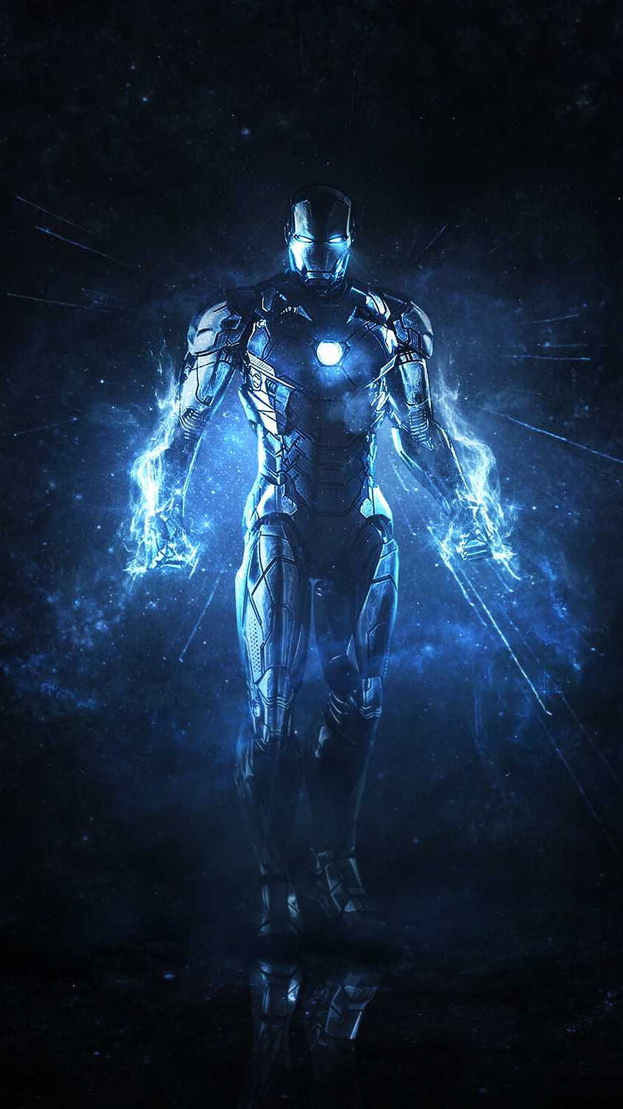 Iron Man in Dark Space with Glowing Blue Arc Reactor and Energy Effects HD phone wallpaper
