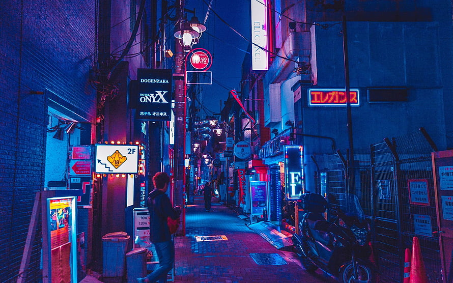 Neon-Lit Tokyo Alleyway at Night with Vibrant Japanese Signage and Cyberpunk Atmosphere HD wallpaper