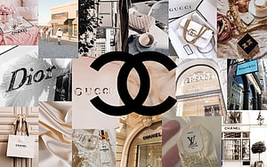 Luxury Fashion Brand Collage Featuring Chanel, Gucci, Dior, Versace, and Louis Vuitton Aesthetic HD wallpaper
