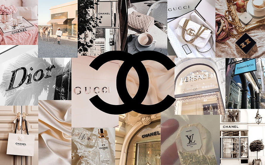 Luxury Fashion Brand Collage Featuring Chanel, Gucci, Dior, Versace, and Louis Vuitton Aesthetic HD wallpaper