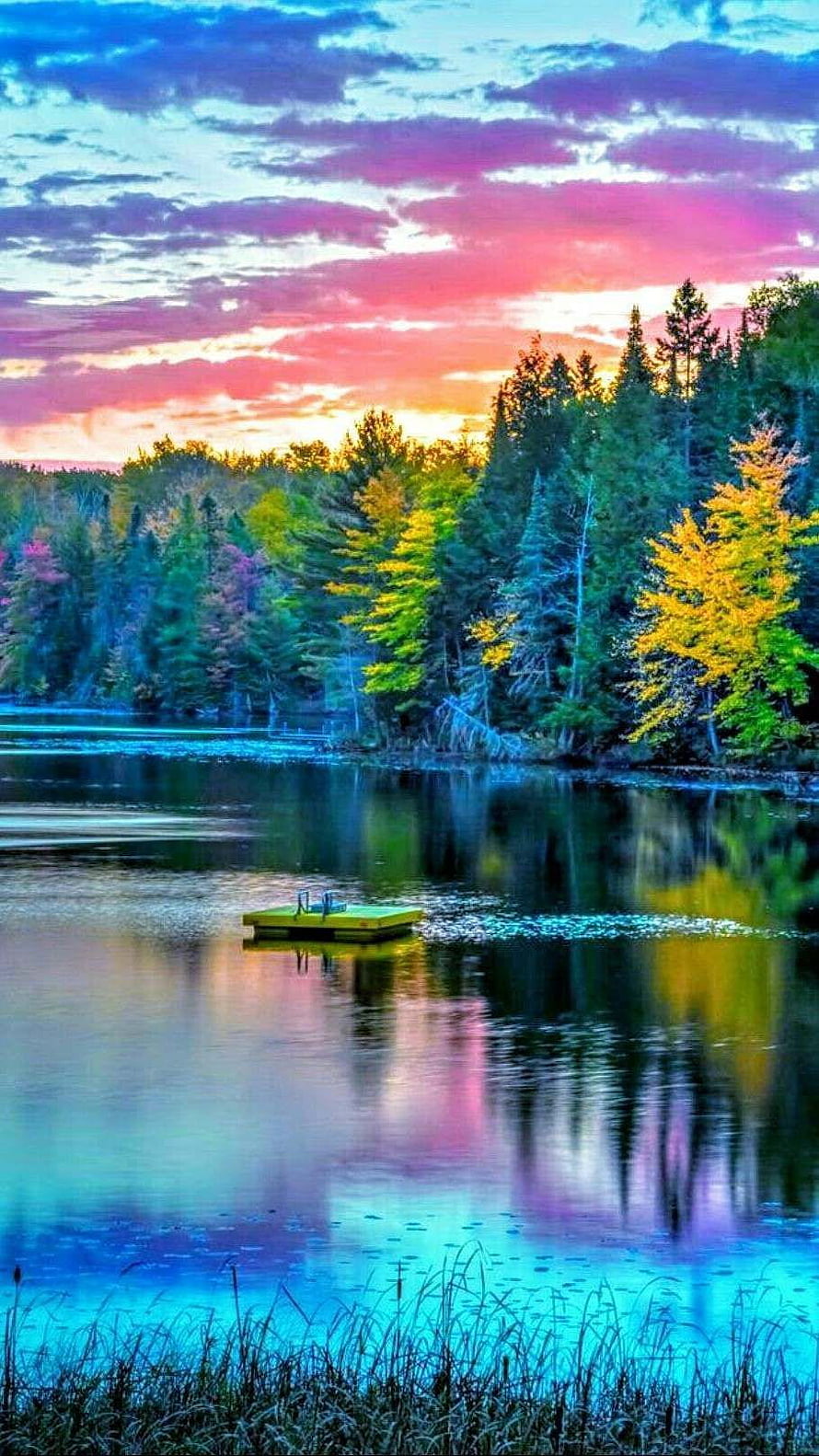Vibrant Autumn Lake at Sunset with Colorful Forest Reflections and Floating Dock HD phone wallpaper