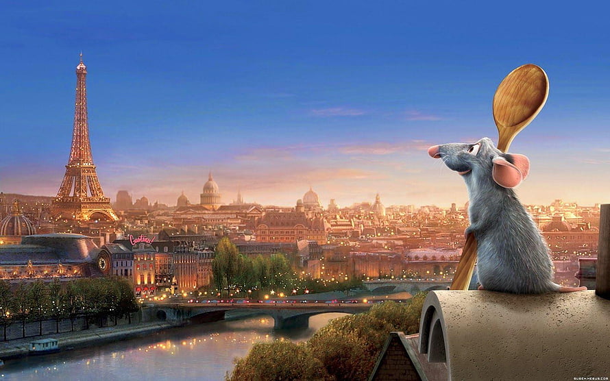 Ratatouille Remy Mouse with Wooden Spoon Overlooking Paris Cityscape at Sunset HD wallpaper