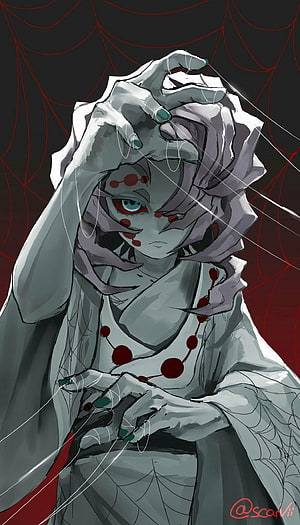 Kokushibo Demon Slayer Anime Character with Spider Web and Red Beads HD phone wallpaper