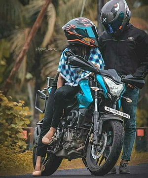 Couple Riding a Blue and Black Motorcycle on a Scenic Road HD phone wallpaper