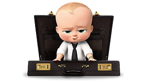 The Boss Baby Character in White Shirt and Tie Inside Black Briefcase HD wallpaper