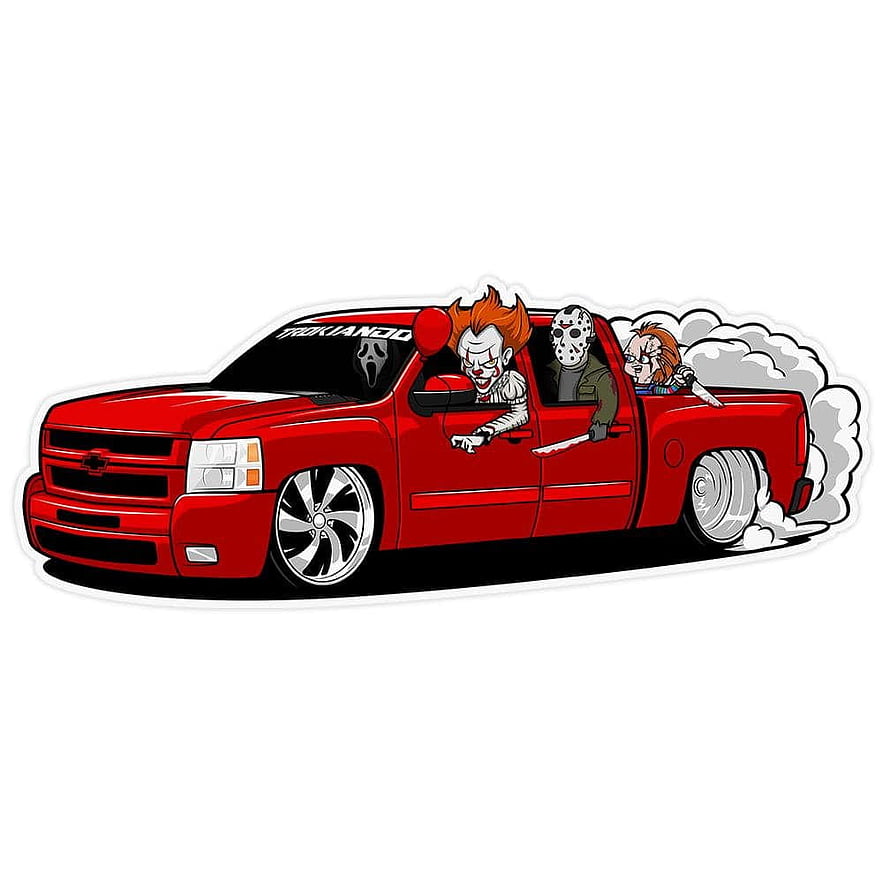 Cartoon Red Pickup Truck With Horror Movie Villains Driving HD phone wallpaper