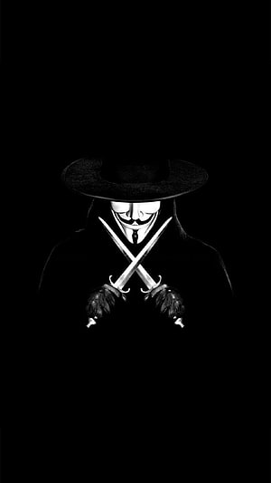 Anonymous Guy Fawkes Mask Figure Holding Crossed Swords in Black and White HD phone wallpaper