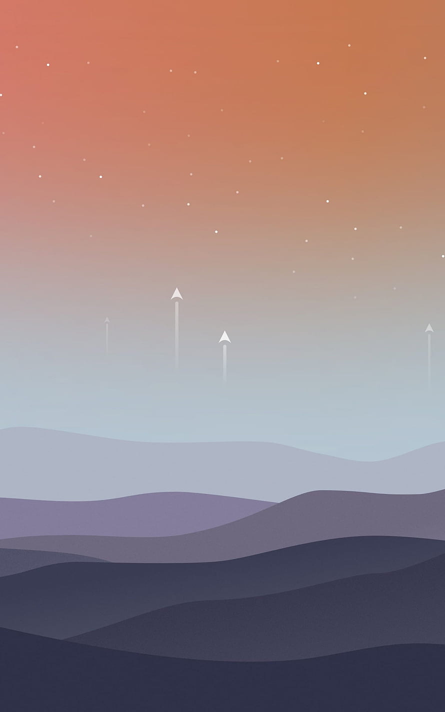 Minimalist Layered Dunes Under a Warm Gradient Sky with Faint Stars and Arrows HD phone wallpaper
