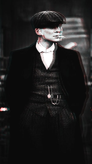 Thomas Shelby in Period Three-Piece Suit with Flat Cap and Cigarette HD phone wallpaper
