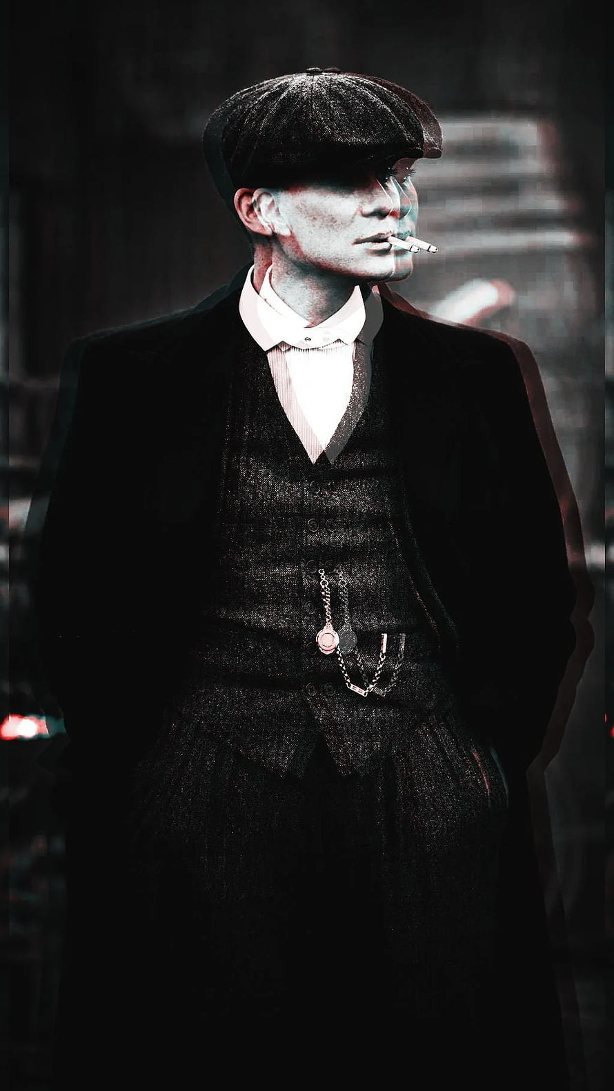Thomas Shelby in Period Three-Piece Suit with Flat Cap and Cigarette HD phone wallpaper