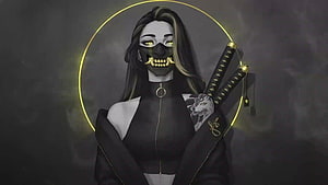 Dark Samurai Girl Wearing Oni Mask With Dual Katana Swords HD wallpaper
