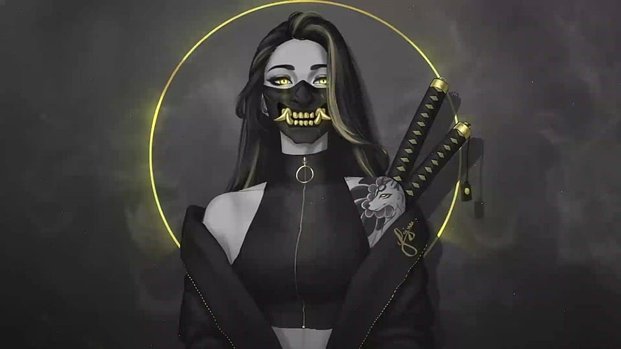 Dark Samurai Girl Wearing Oni Mask With Dual Katana Swords HD wallpaper