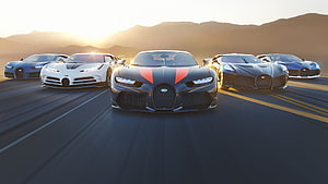 Bugatti Bolide Hypercar Fleet Racing on Desert Highway at Sunset HD wallpaper