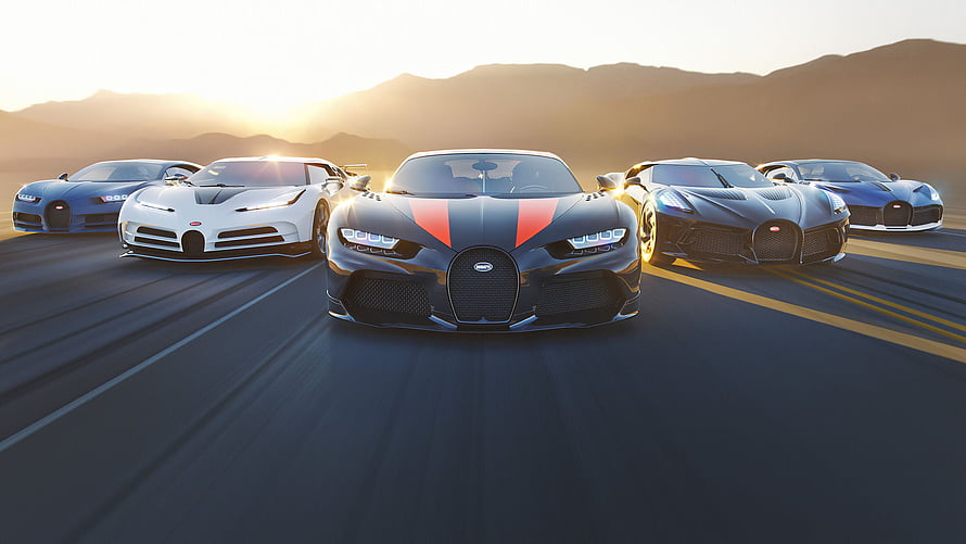 Bugatti Bolide Hypercar Fleet Racing on Desert Highway at Sunset HD wallpaper