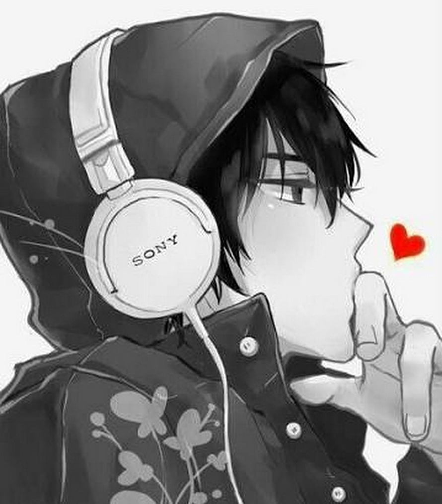 Anime Boy in Hoodie Wearing Sony Headphones with Red Heart Illustration HD phone wallpaper