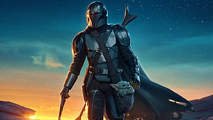 The Mandalorian and Grogu Standing in a Desert Sunset with Stars HD wallpaper