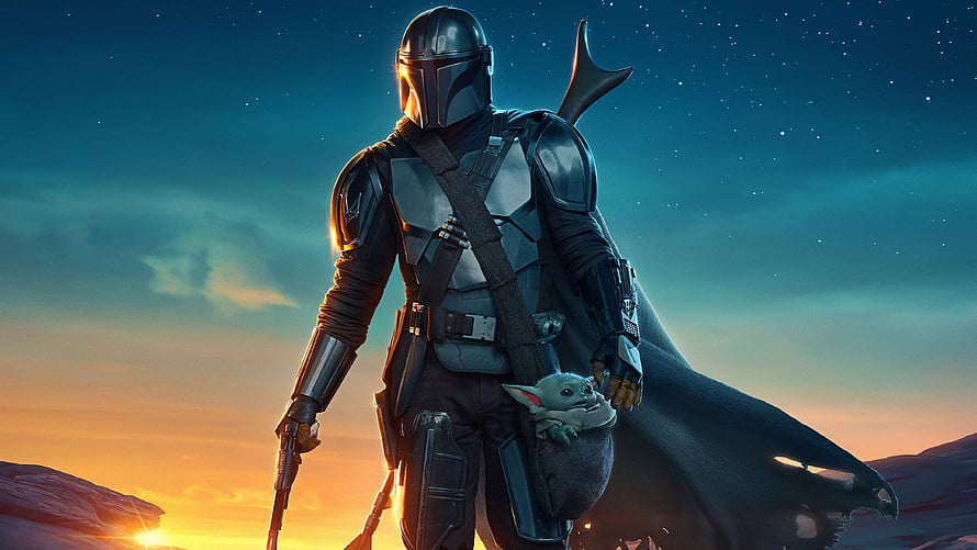 The Mandalorian and Grogu Standing in a Desert Sunset with Stars HD wallpaper