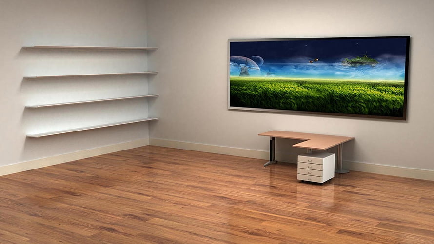 Minimalist Office Interior With Wall-Mounted Display And Floating Shelves HD wallpaper