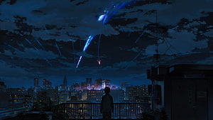Kimi No Na Wa Anime Night Sky with Comet Trails Over City Rooftop HD wallpaper