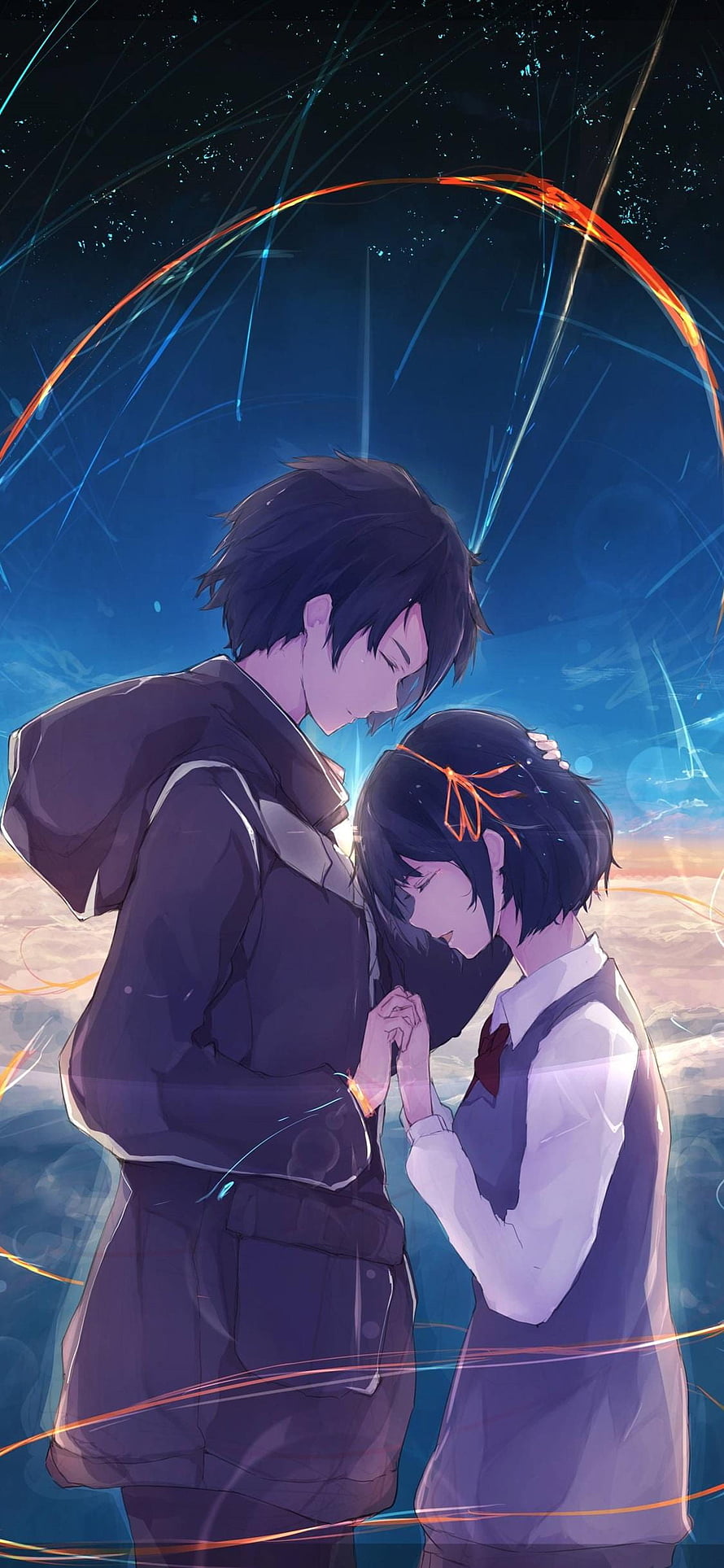 Your Name Anime Couple Embrace Under Starry Sky with Aurora Arcs HD phone wallpaper