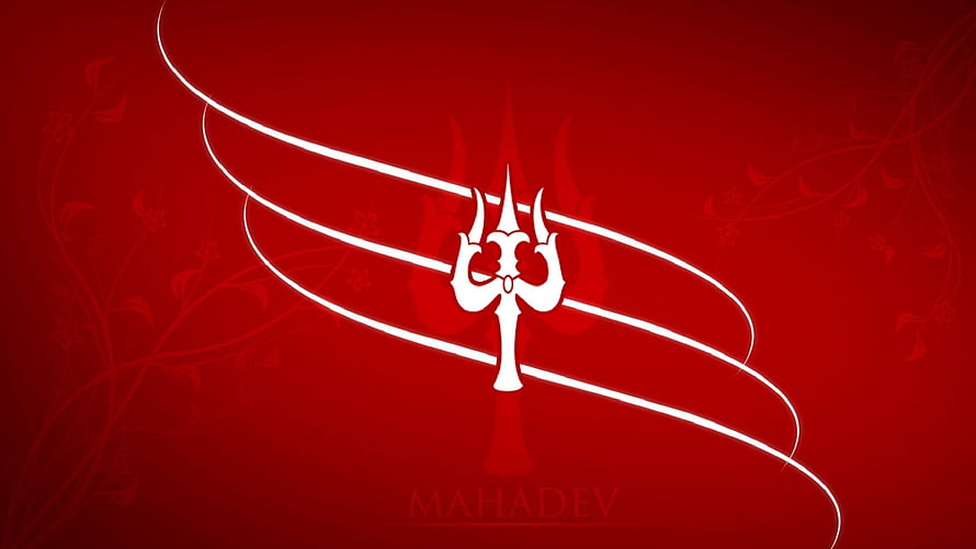 Mahadev Trishula Symbol on Deep Red Background with Flowing White Lines HD wallpaper