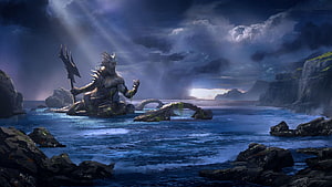 Mahadev Seated on Ocean Rocks Holding Trident in Dramatic Stormy Landscape HD wallpaper