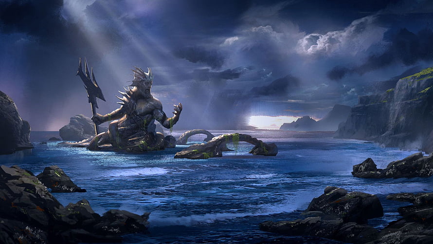 Mahadev Seated on Ocean Rocks Holding Trident in Dramatic Stormy Landscape HD wallpaper