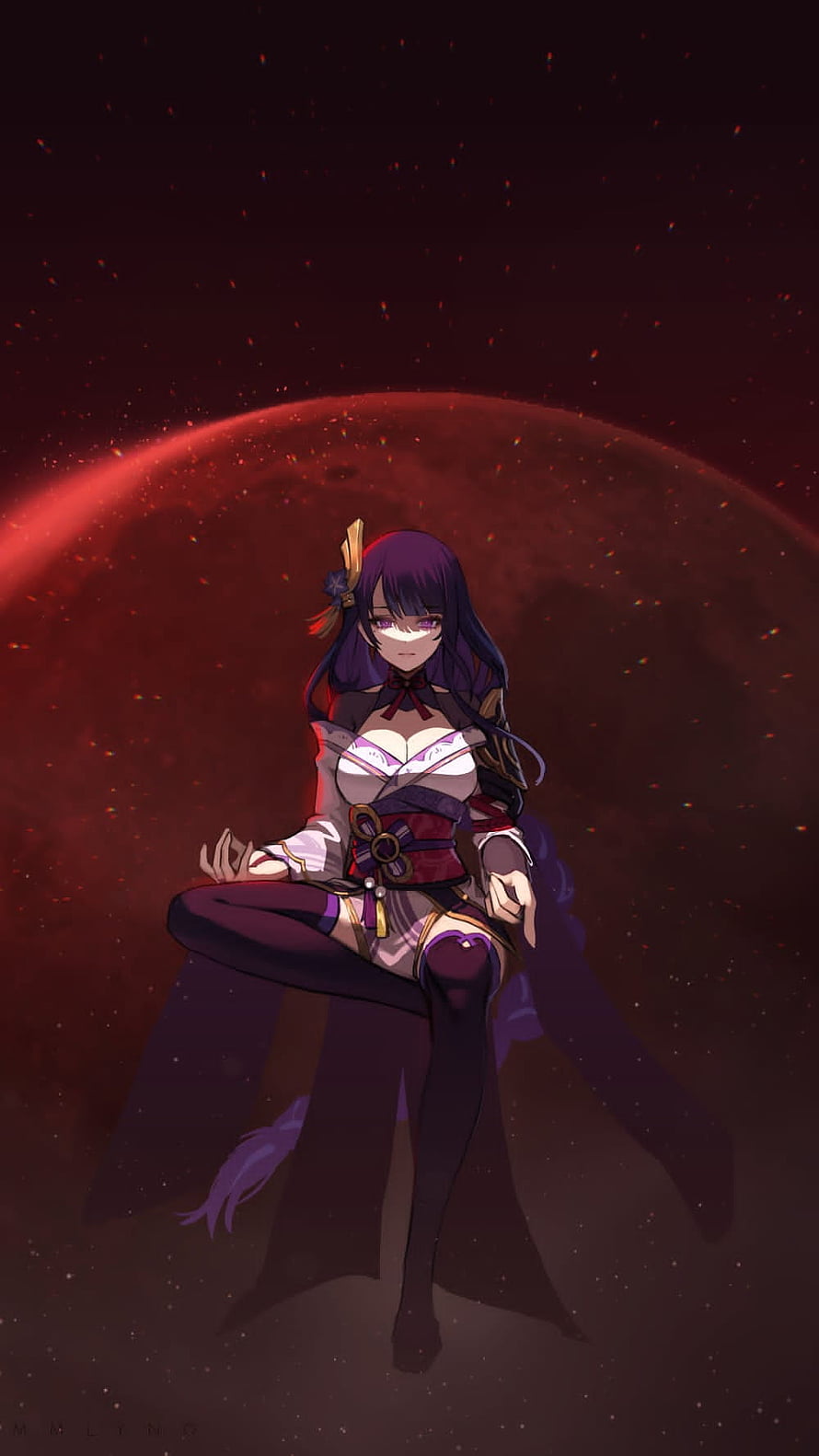 Raiden Shogun anime character sitting in front of a red planet with dark cosmic background HD phone wallpaper