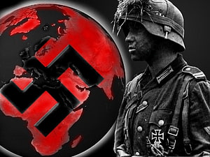 World War II Soldier Profile with Red Globe and Swastika Symbol HD wallpaper