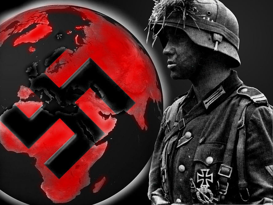World War II Soldier Profile with Red Globe and Swastika Symbol HD wallpaper