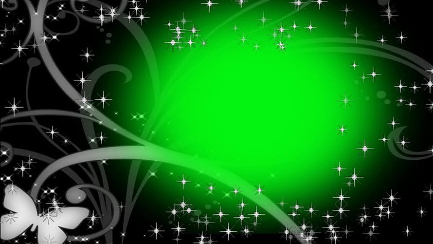 Elegant Green Glow with Sparkling Stars and Floral Swirls on Black Background HD wallpaper