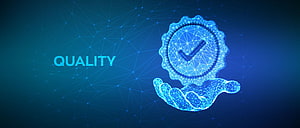 Quality Assurance Concept with Digital Hand Holding a Checkmark Badge on a Blue Network Background HD wallpaper