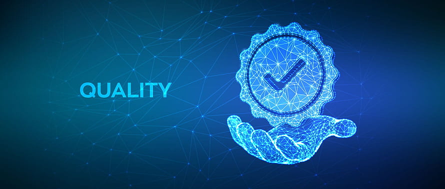 Quality Assurance Concept with Digital Hand Holding a Checkmark Badge on a Blue Network Background HD wallpaper