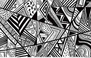 Black and White Geometric Abstract Pattern with Intricate Line Art and Triangular Shapes HD wallpaper