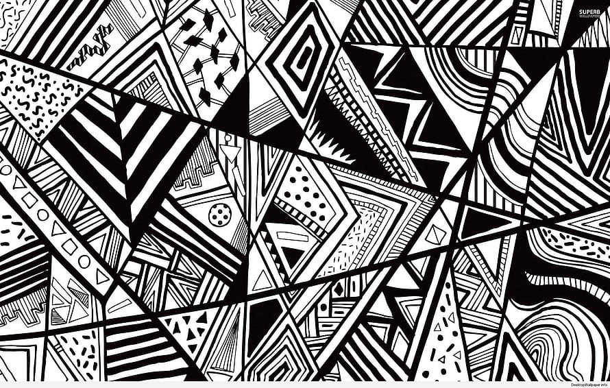 Black and White Geometric Abstract Pattern with Intricate Line Art and Triangular Shapes HD wallpaper