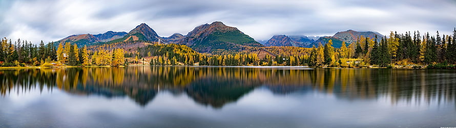 Autumn Mountain Lake Panorama with Golden Aspen Reflections and Misty Peaks HD wallpaper