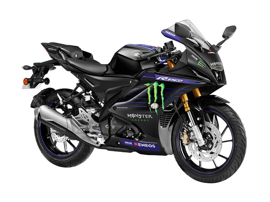 Yamaha R15M Sport Motorcycle with Monster Energy Livery and Blue Accents HD wallpaper