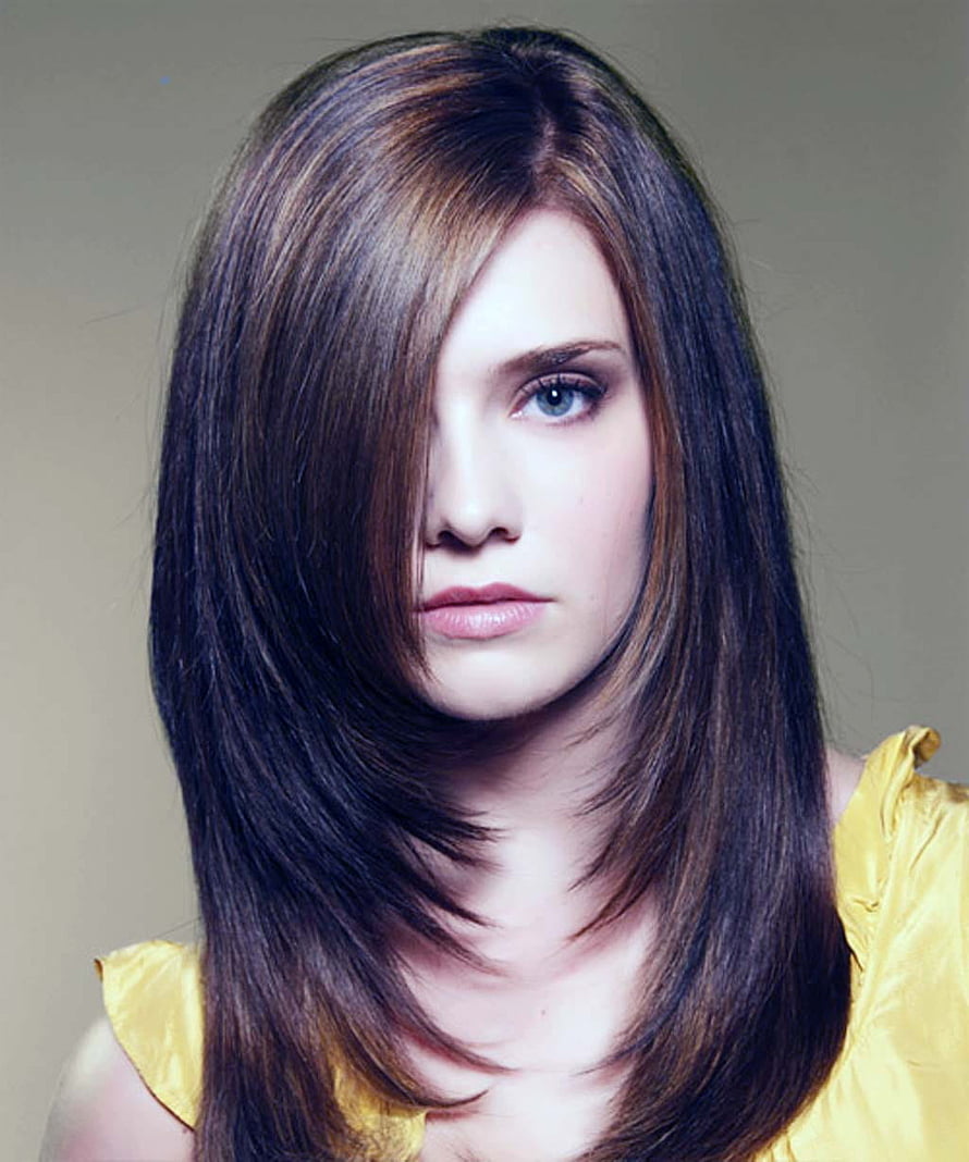 Long Layered Haircut With Side-Swept Bangs And Warm Brown Highlights HD phone wallpaper