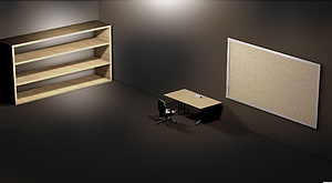 Minimalist Office Interior with Wooden Shelving, Desk, and Cork Board HD wallpaper