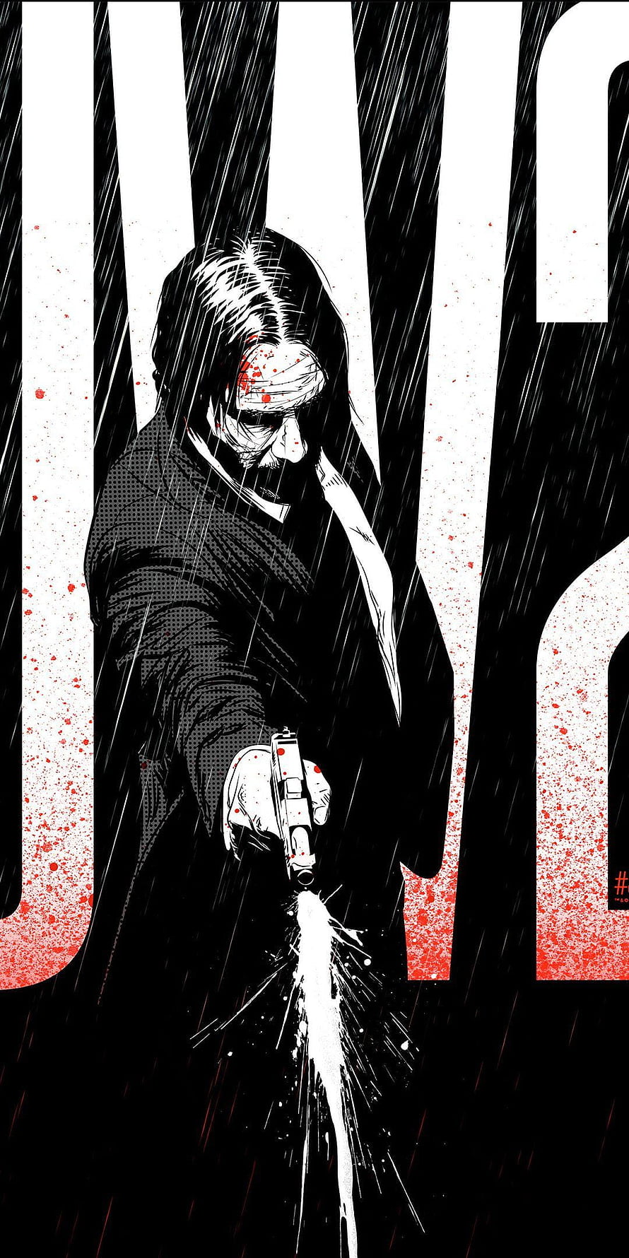 John Wick manga style illustration of a man firing a pistol in the rain with blood splatter HD phone wallpaper